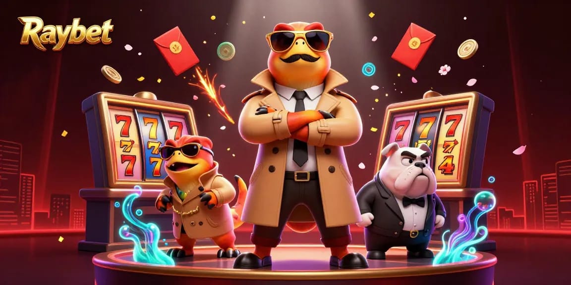 Raybet showcases three raptors creatively entering a casino, highlighting vibrant slot machines and festive elements.
