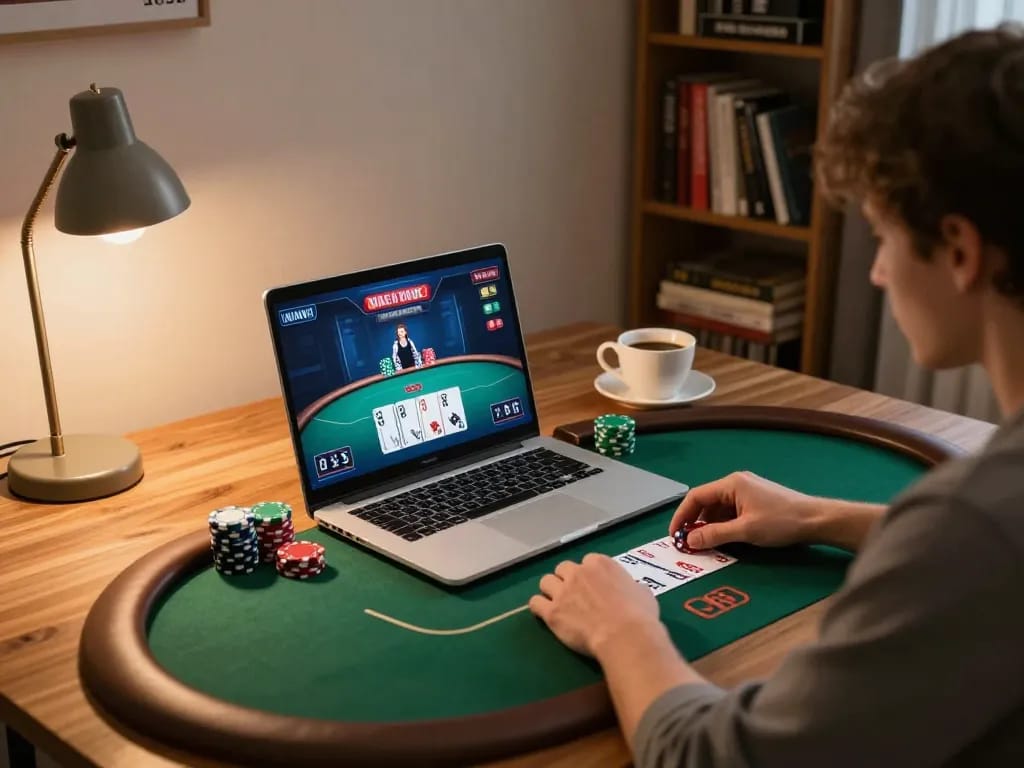 LC88 online poker player concentrating on a game, with vibrant display and cozy atmosphere
