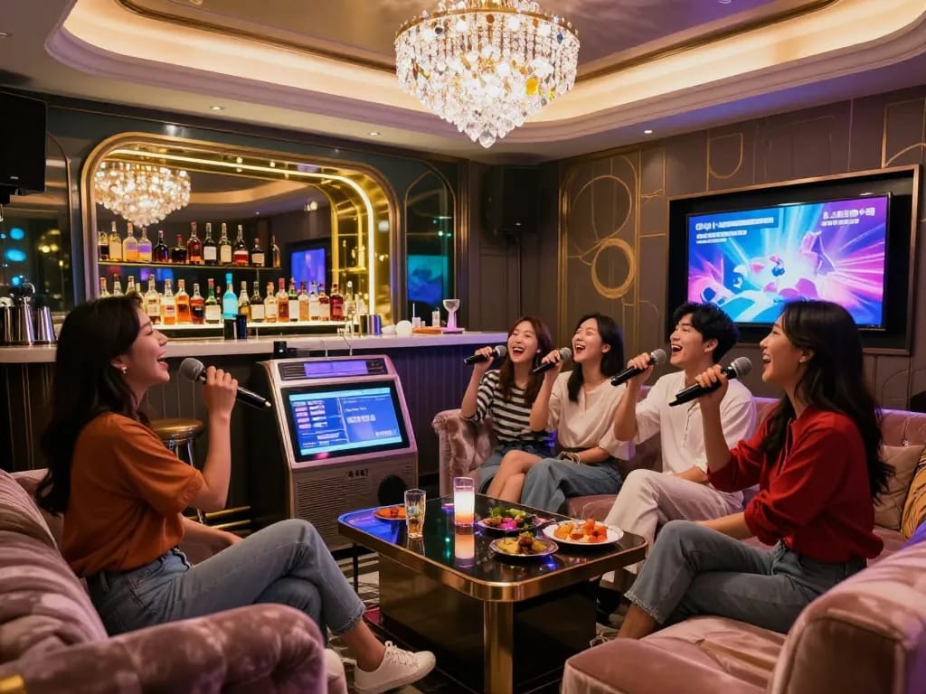 친구들과 함께 강남가라오케의 활기찬 분위기를 만끽하며 웃음과 음악이 잊지 못할 추억을 만드는 고급 노래방에서의 경험.