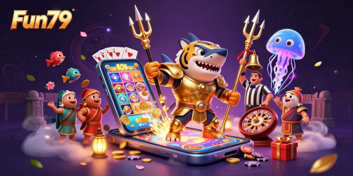 Join the excitement at Fun79 with a 3D cartoon tiger shark in golden armor, surrounded by thrilling slot game elements.