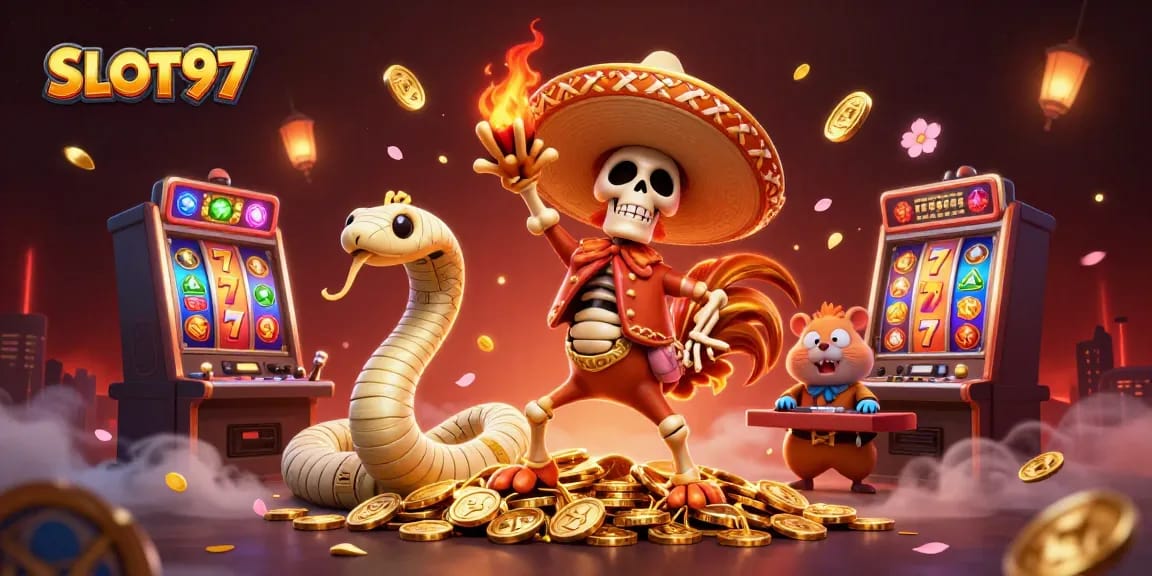 SLOT97 showcases a vibrant 3D scene with a dancing skeleton mariach rooster, engaging slot machines, and colorful jackpot symbols.