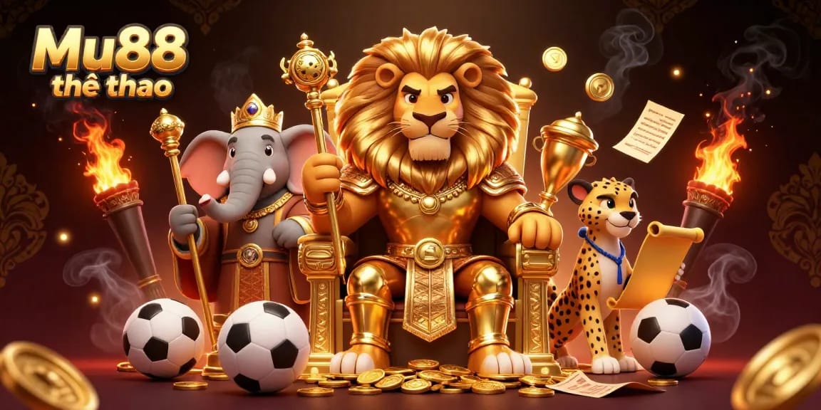 Engage with Mu88 thể thao through a dynamic sports betting illustration featuring a lion king, elephant advisor, and cheetah.