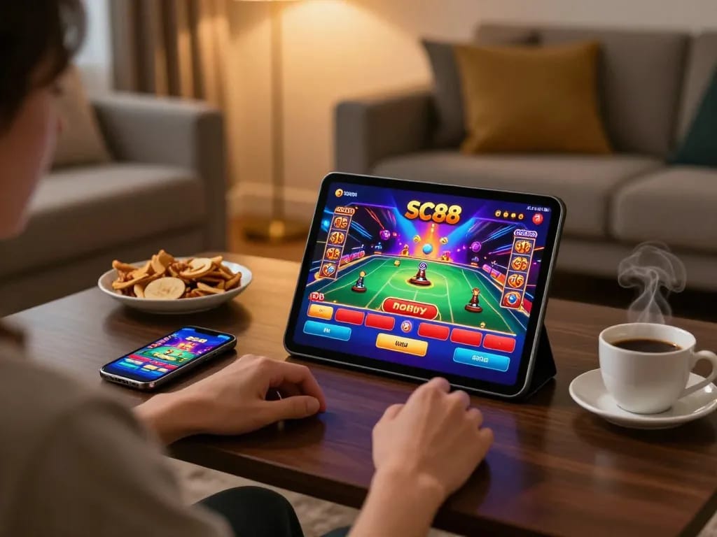 Engaged user playing on SC88 online casino app in a cozy home setting