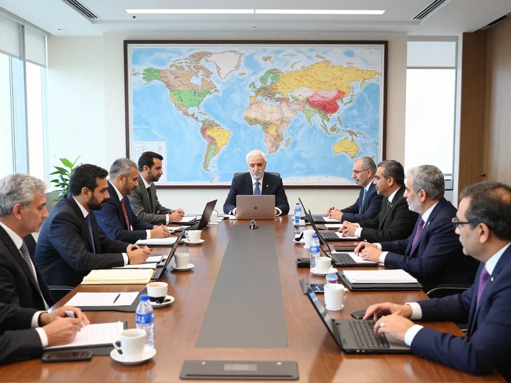Diplomats discussing the Iran nuclear program at an international conference.