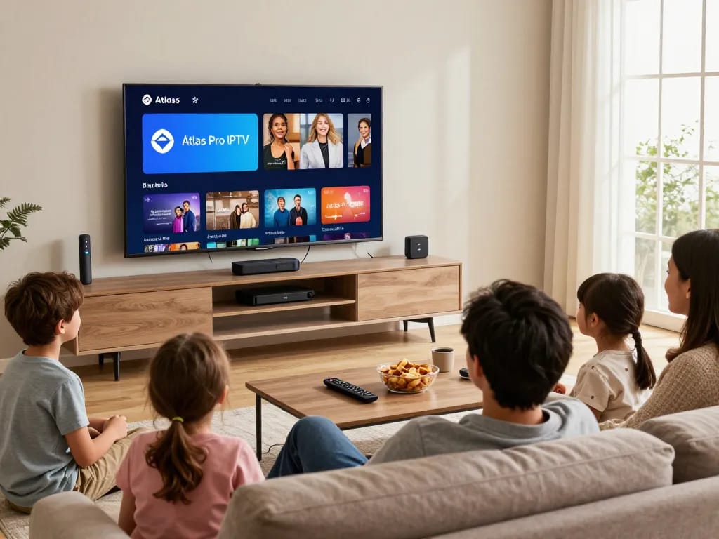 Scène de salon confortable avec une famille profitant du streaming avec Atlas Pro IPTV sur Smart TV.
