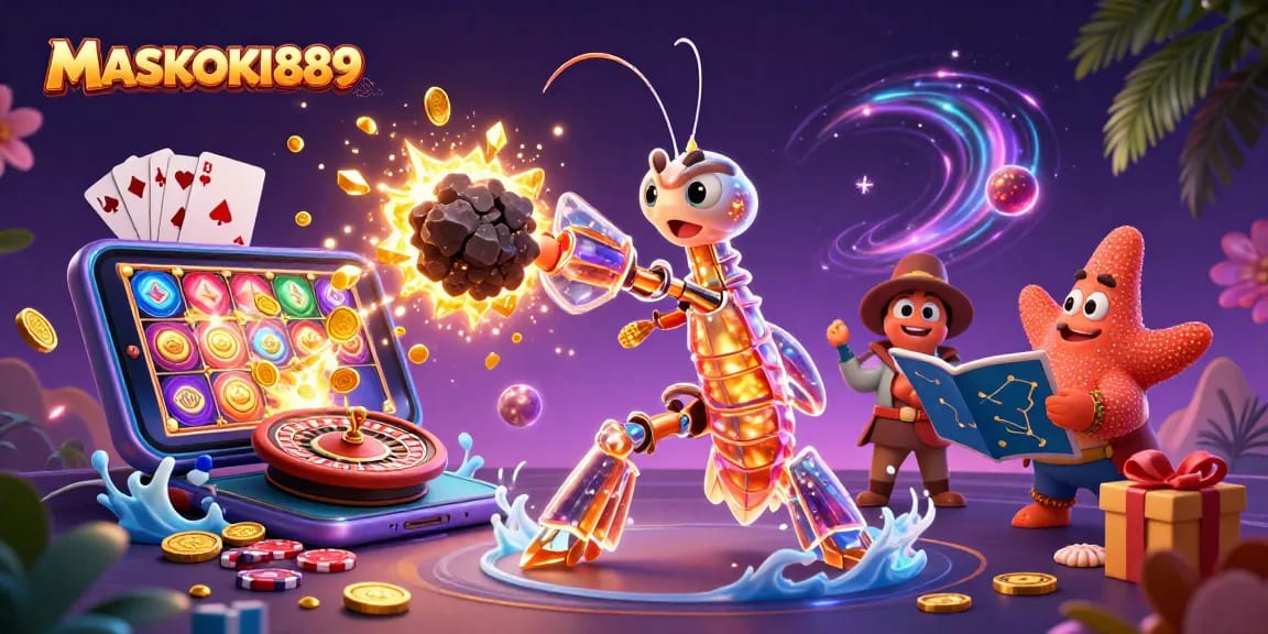 Join the excitement of MASKOKI889 with vibrant slots, gold coins, and a stellar adventure.