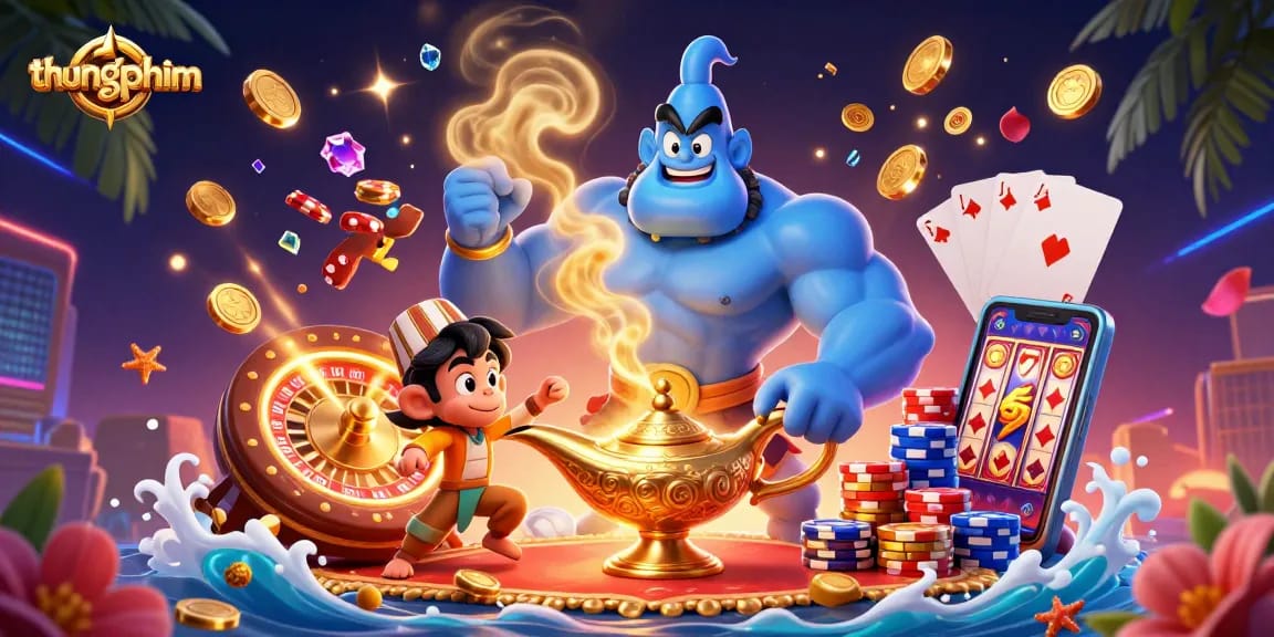 Engage with thungphim as the vibrant genie and monkey animatedly play gambling games with dazzling elements.