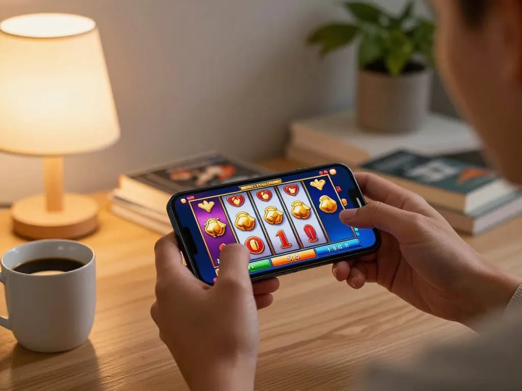Pemain menikmati permainan slot seluler dengan grafik yang hidup dan gameplay yang menarik di ruang tamu yang nyaman.