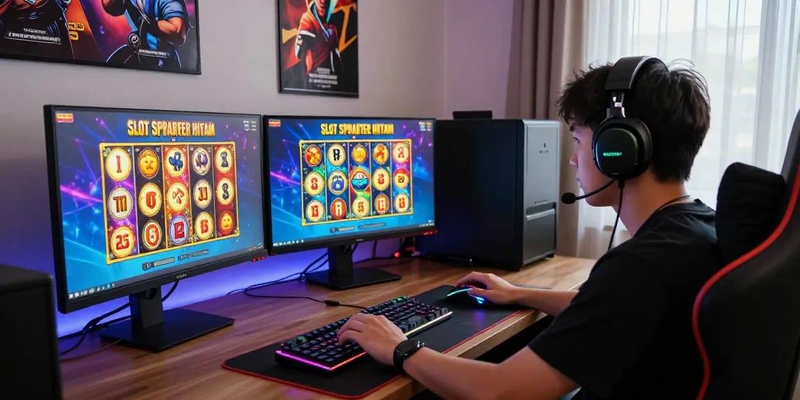 Player engaged in Slot Scatter Hitam game session, showcasing gaming accessories and vibrant graphics.