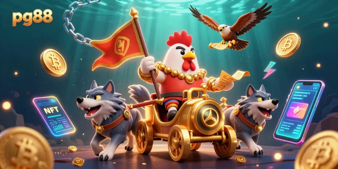 Experience the thrilling adventure at pg88 featuring a rooster warlord and crypto elements in this dynamic illustration