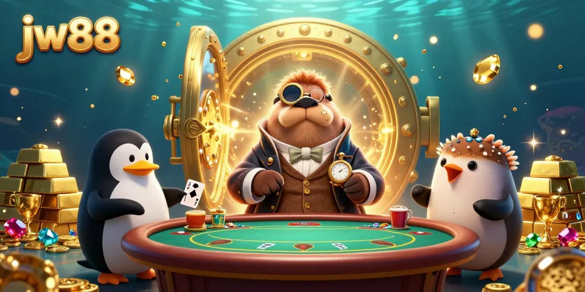 Experience thrilling gaming at jw88 with a jolly walrus and friends at an underwater casino table.