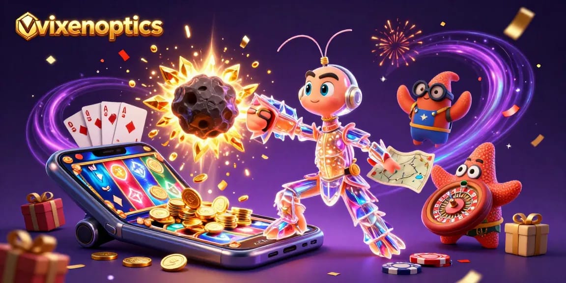 Experience thrilling gameplay with vixenoptics at a vibrant 3D casino scene featuring a mantis shrimp and starfish.