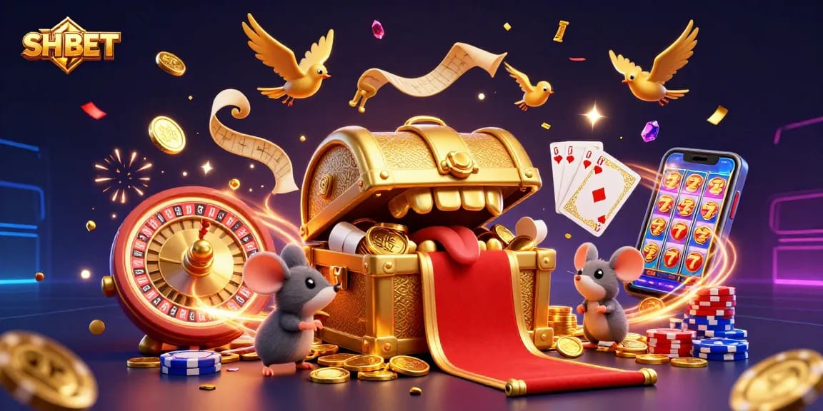 SH BET casino illustration depicting an interactive treasure chest and gaming elements, attracting bettors.