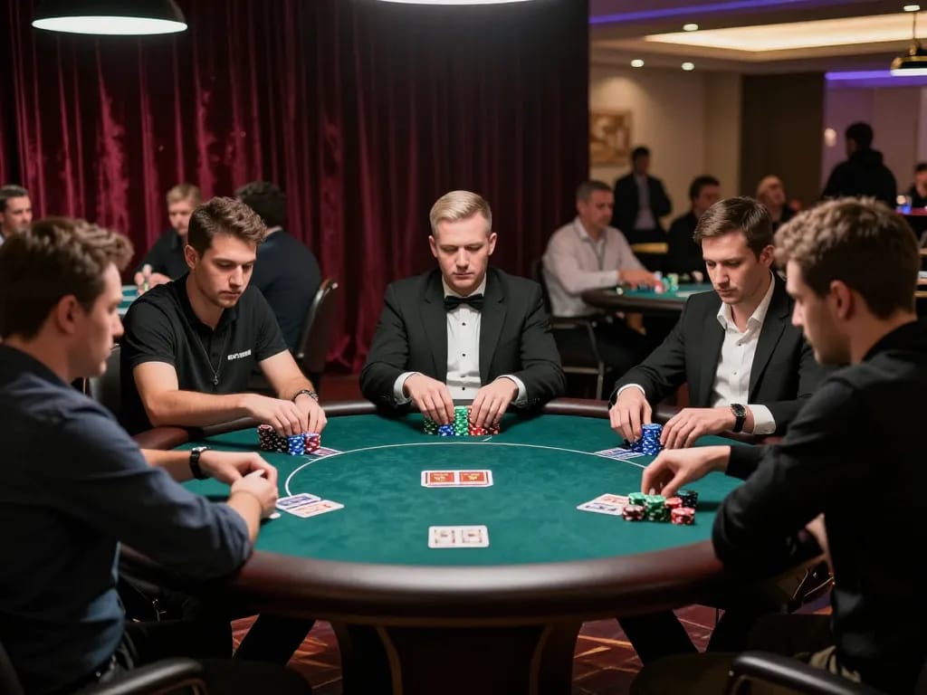 Players competing in a high-stakes poker tournament at MM88 casino, showcasing intense gameplay.