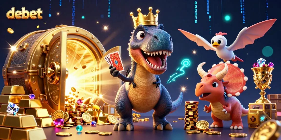 Engage with debet in a vibrant 3D casino scene showcasing a T-Rex shuffling cards and a baby triceratops stacking chips.