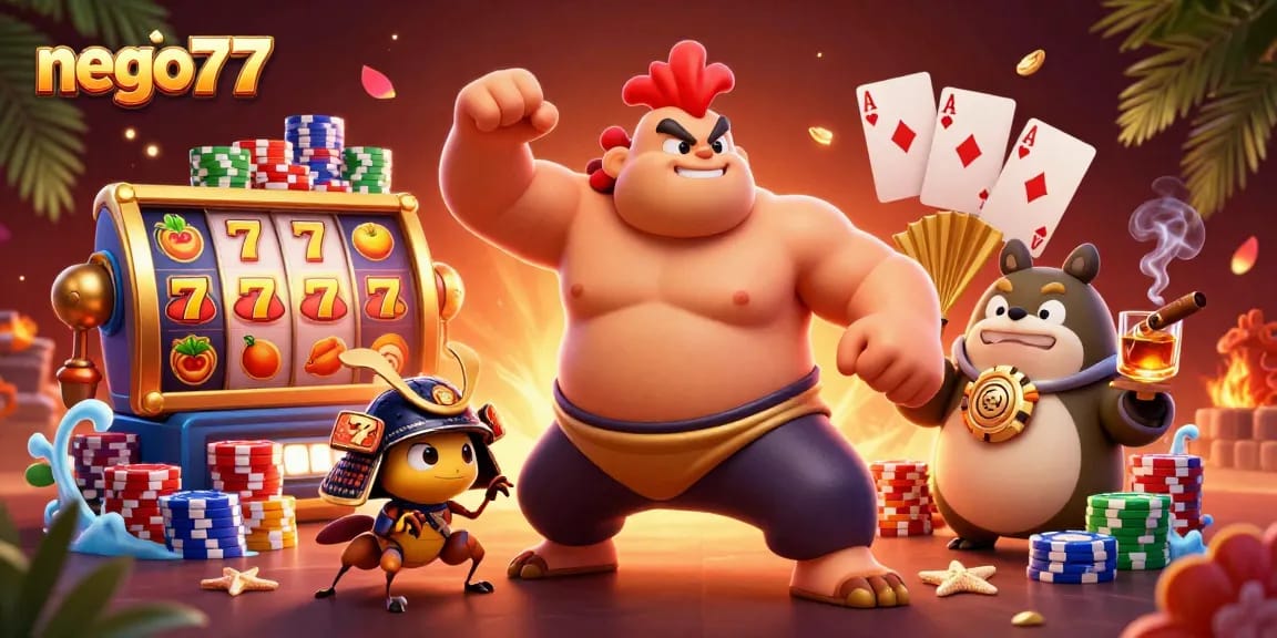 Nego77 showcases an engaging scene with a sumo rooster, samurai cricket, and tanuki announcer amid vibrant slot machines.