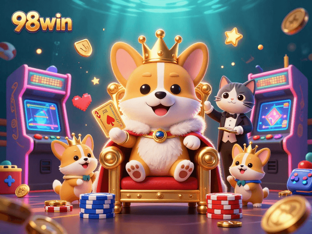Join the excitement at 98win with vibrant corgis and unique casino elements for a winning experience!