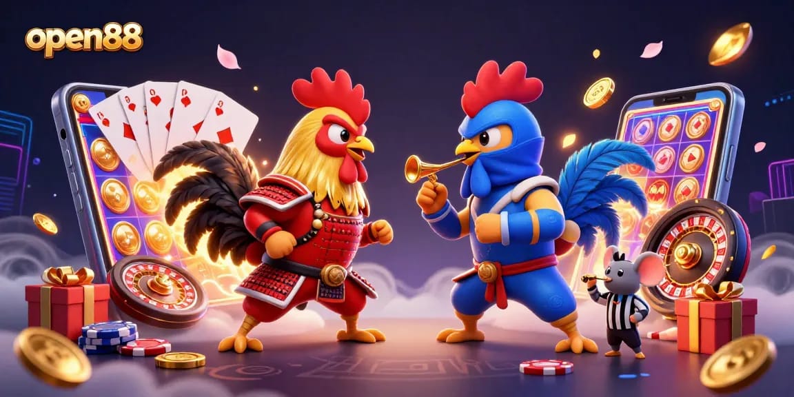 Showcase thrilling open88 cockfighting scene with dynamic roosters and golden game elements.