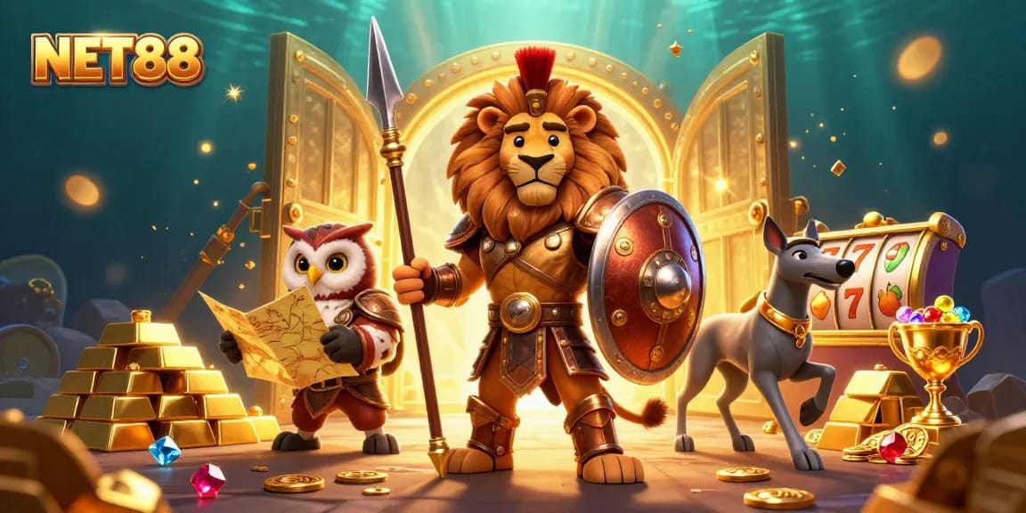Engage with NET88's thrilling slots and casino experience featuring vibrant characters and gems.