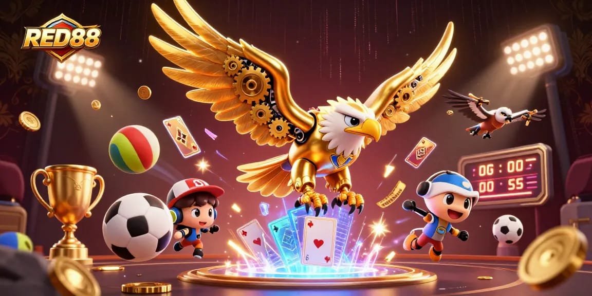Experience thrilling gameplay at RED88 with a cybernetic golden eagle diving through holographic cards amidst sports elements.