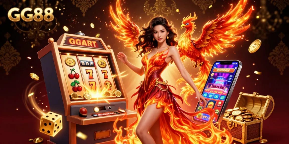 Experience thrilling wins at GG88 with a vibrant 3D casino scene featuring slot machines and engaging characters.