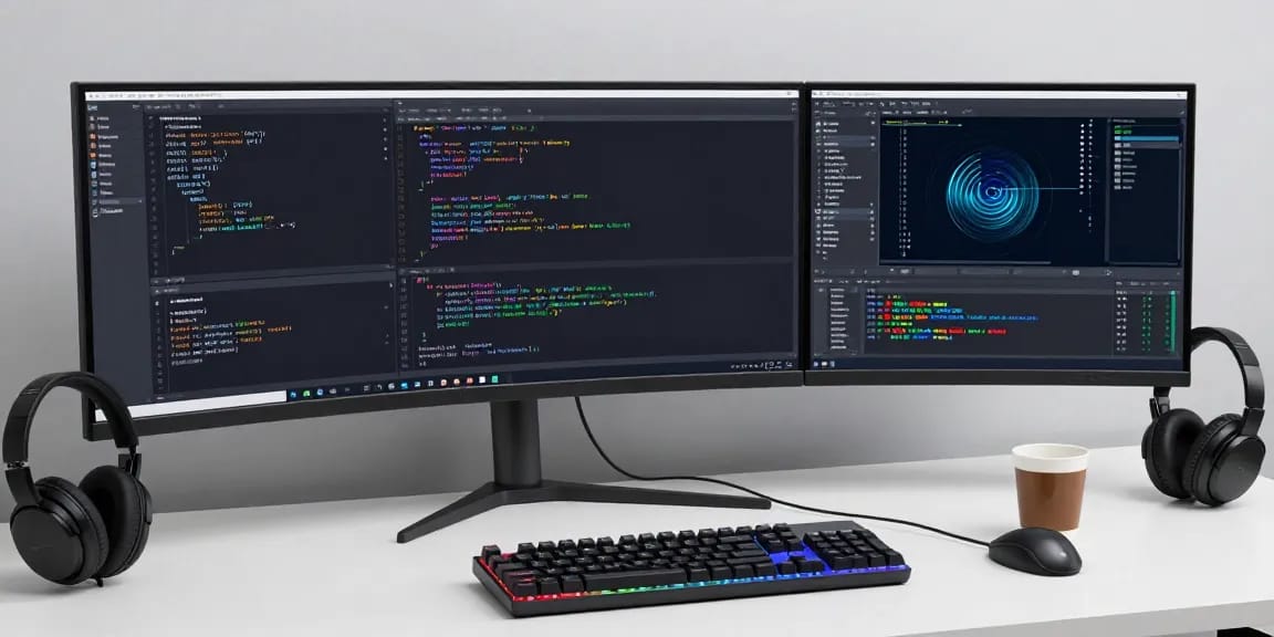 ae888black software development workspace featuring coding tools and AI technology.