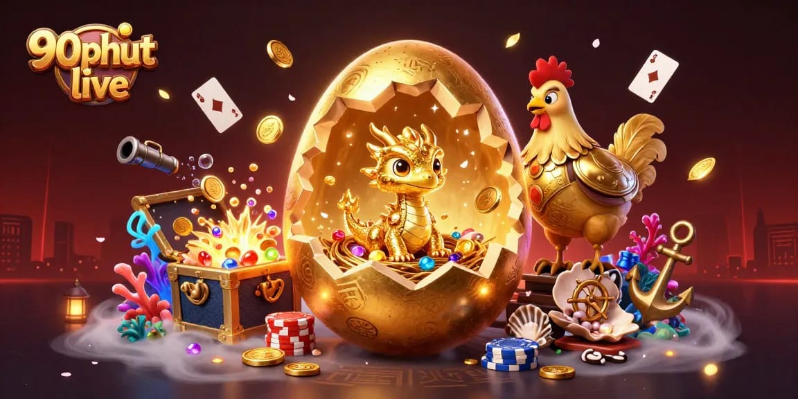 Experience 90phut live with a golden dragon on poker chips amidst gaming treasures and vibrant visuals.
