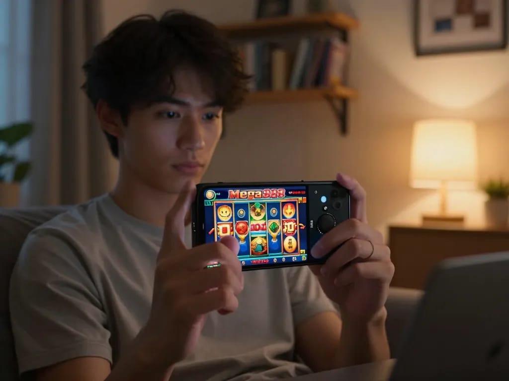 Mega888 jackpot slot game action on a smartphone depicting player engagement in mobile gambling.