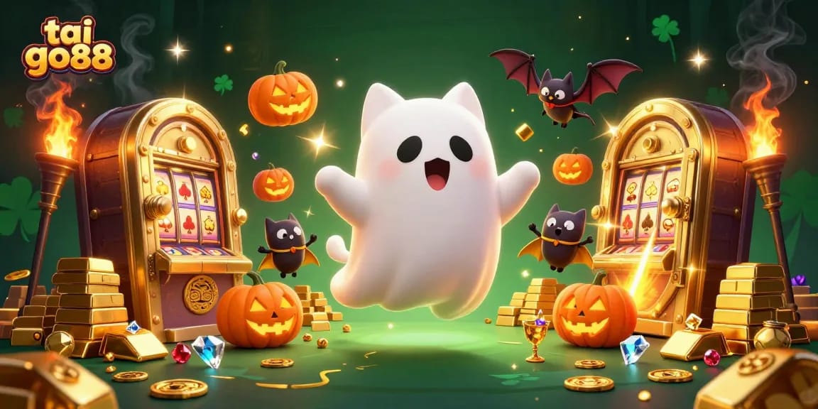 Experience tai go88 excitement with a 3D ghost cat and treasures floating in a haunted casino.