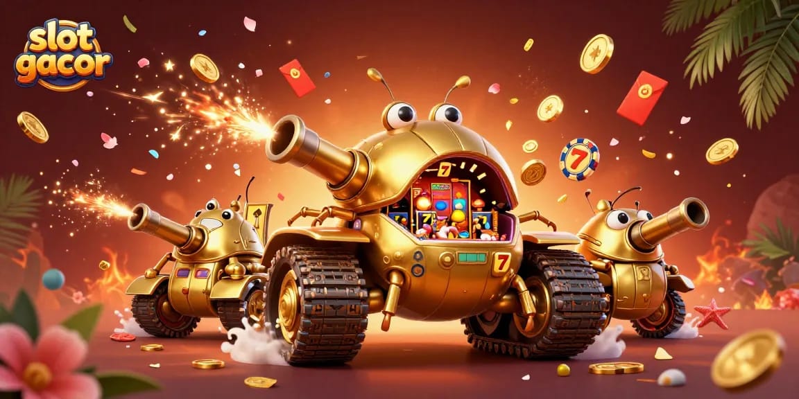 Experience slot gacor excitement in a vibrant 3D casino scene filled with confetti and winning symbols.