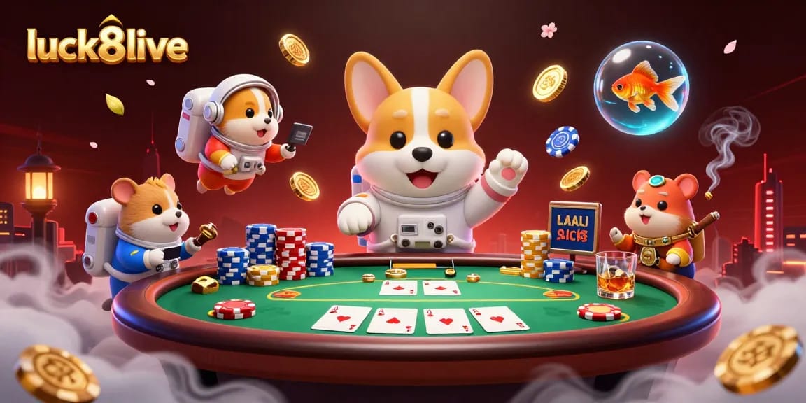 Experience thrilling gaming dynamics at luck8live with an astronaut corgi and a mission-control hamster inside a vibrant space casino.