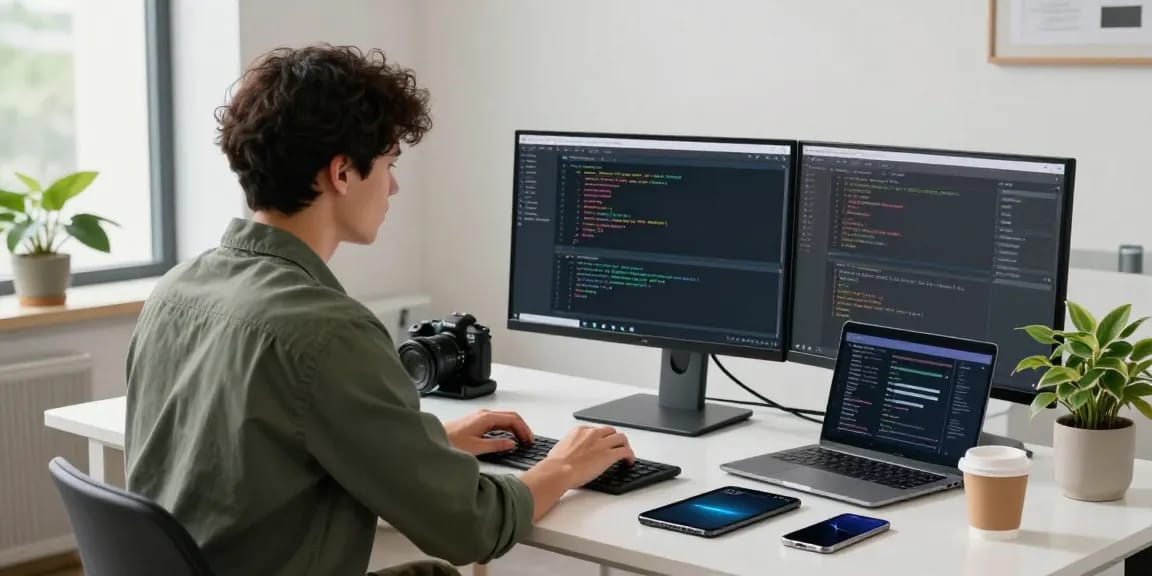 The workspace scene featuring a developer coding the 纸飞机中文版 messaging app on a modern desk surrounded by technology.