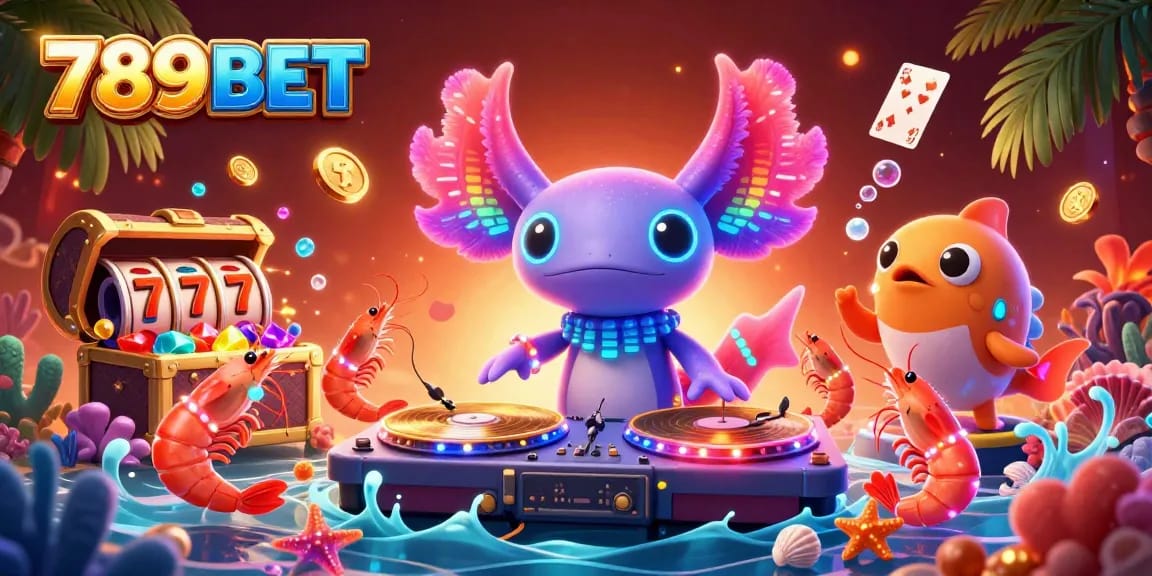Experience the lively 789BET casino scene with energetic characters and vibrant slot elements.
