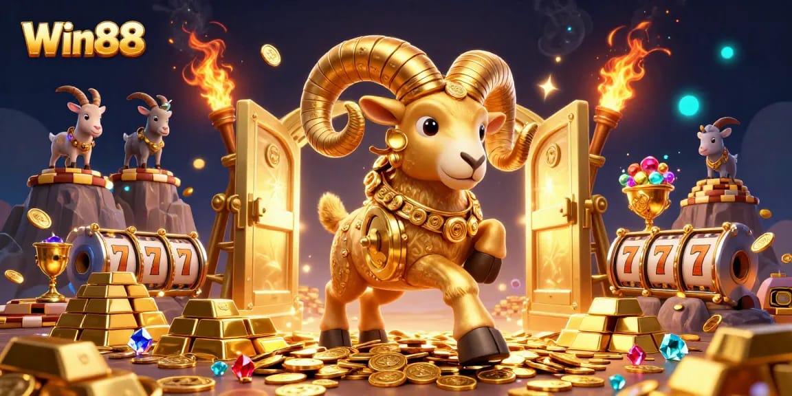 Win88 showcases a golden ram charging at a treasure vault, filled with riches and casino elements.
