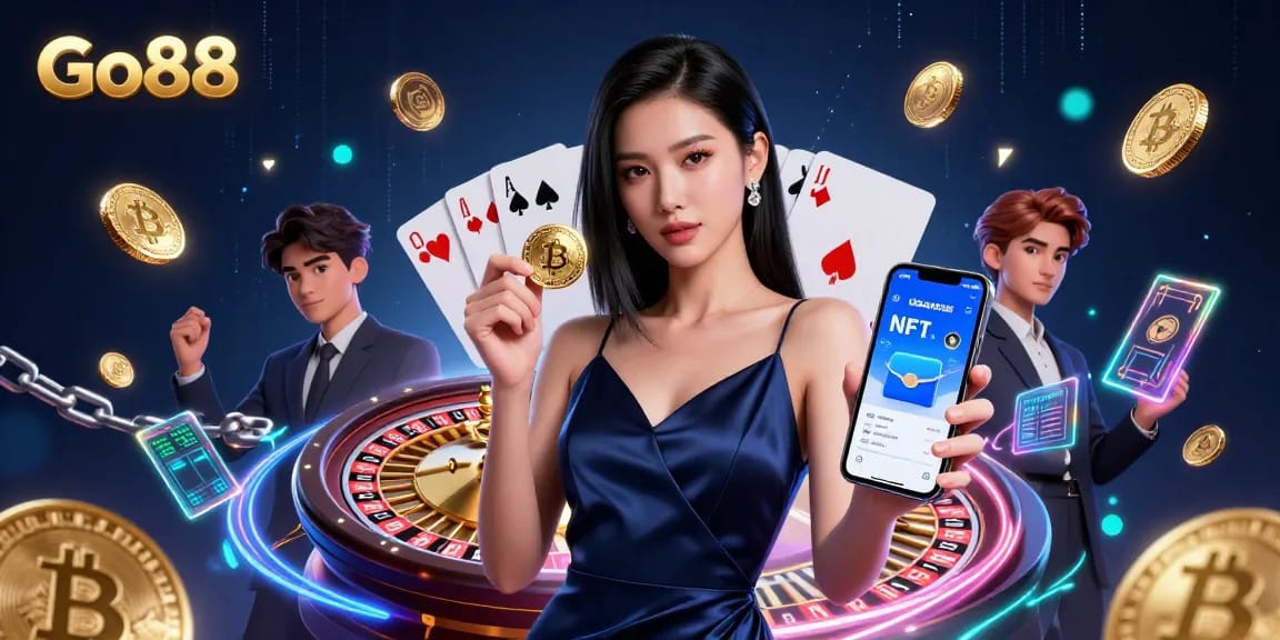 Engage with Go88's thrilling gambling scene through captivating visuals of a stunning Asian woman and casino elements.