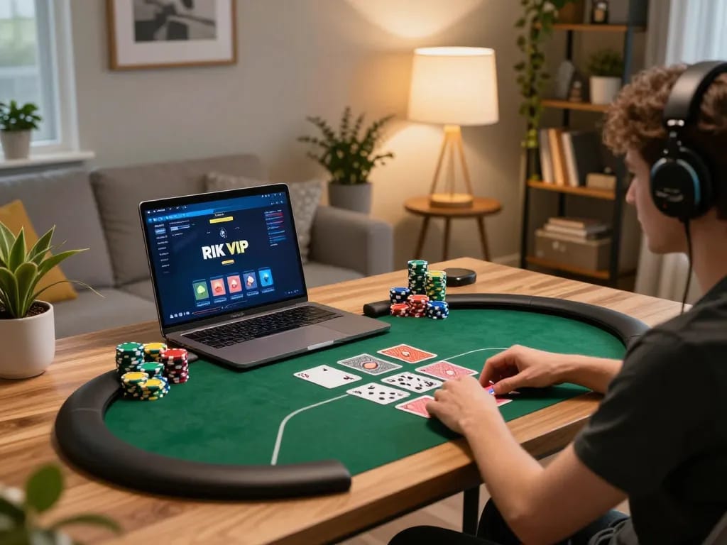 Engaging online poker gameplay at RIK VIP in a cozy home setting