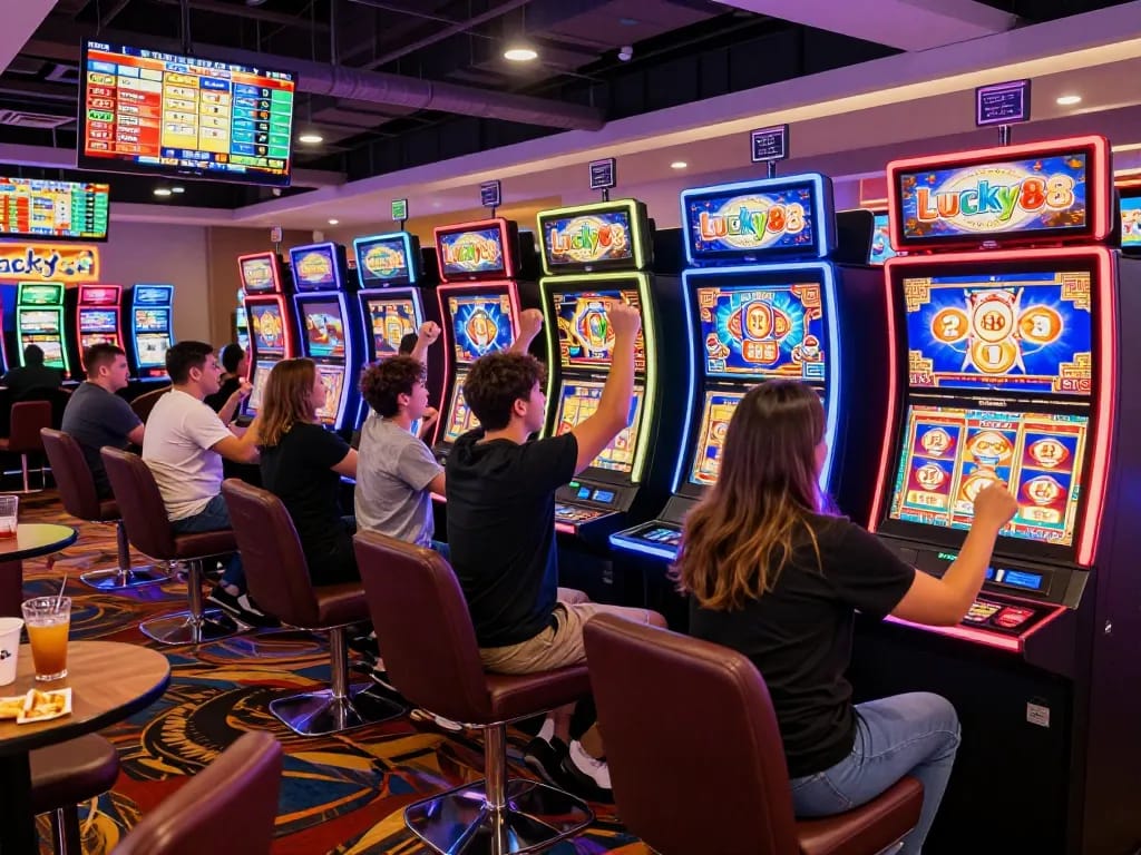Players enjoying the Lucky88 slot machine at a vibrant casino, celebrating big wins amidst dazzling lights.