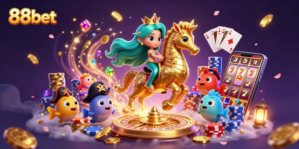 Engaging 88bet scene featuring vibrant mermaid princess, seahorse, and festive casino elements.