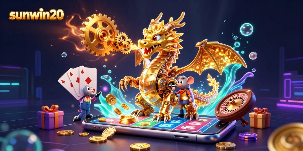 Experience sunwin20 with a golden dragon and engaging slot games in a vibrant scene.
