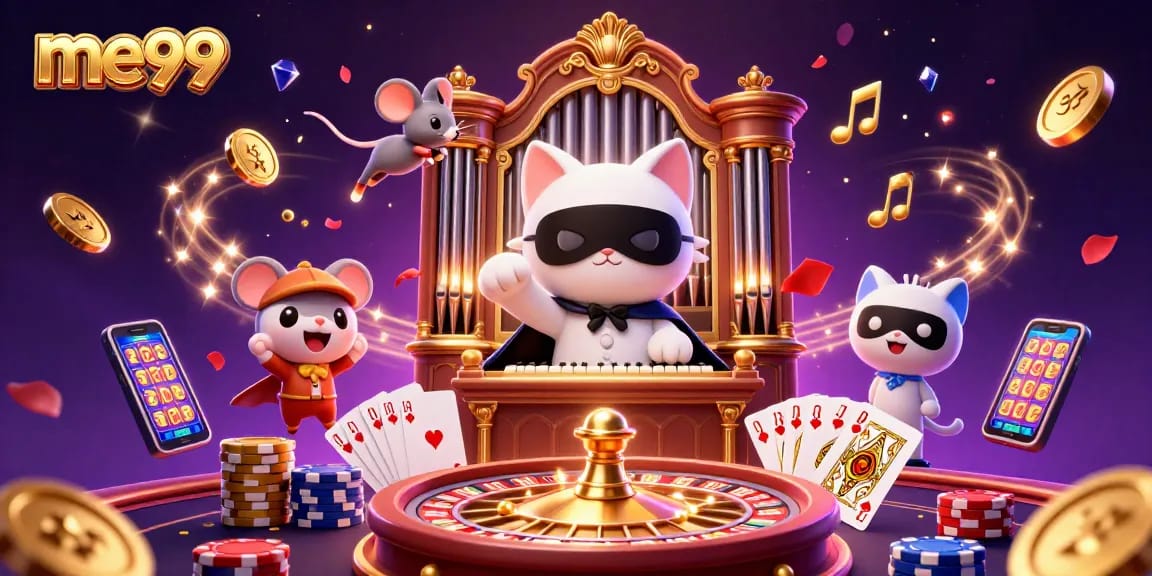 Spin the reels at me99 with a captivating phantasmal cat and vibrant casino visuals.