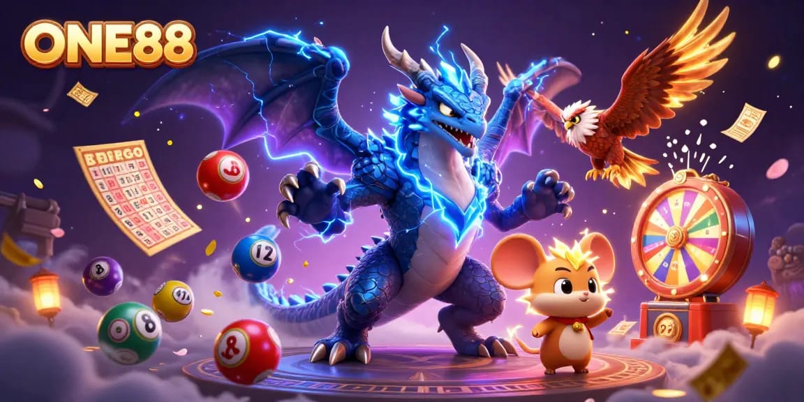 Immerse in ONE88's electrifying world of lottery games, with vibrant elements and dynamic characters.