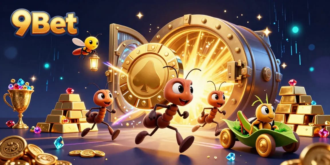 Experience the excitement of winning with 9Bet's dynamic gambling scene of a heist with ants and treasures.