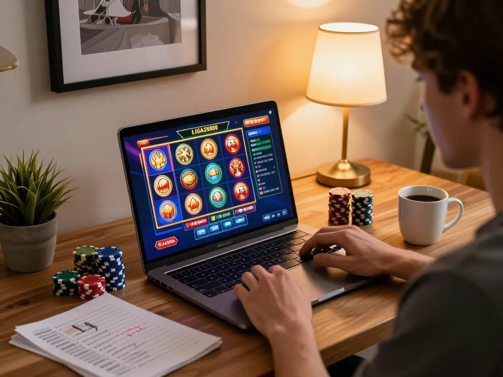 LIGA2000 player enjoying immersive online slot games on laptop amidst betting strategy notes