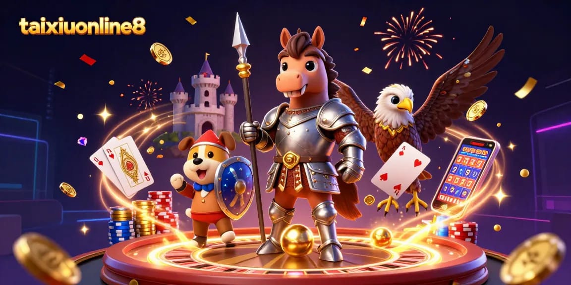 Experience the thrill of taixiuonline8 with a knight, puppy, and falcon, surrounded by casino elements.