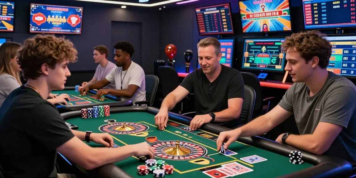 Envision vibrant online gaming at https://hm88.social/ with players engaged in live casino activities, illuminated gaming interfaces, and a dynamic atmosphere.