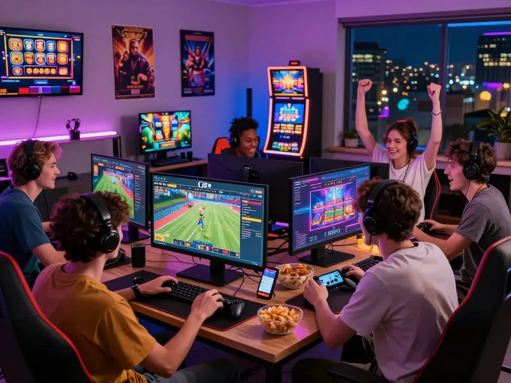Exciting gaming night with friends exploring O8 games and interactive bets at https://o8.delivery/ showcasing a lively atmosphere.