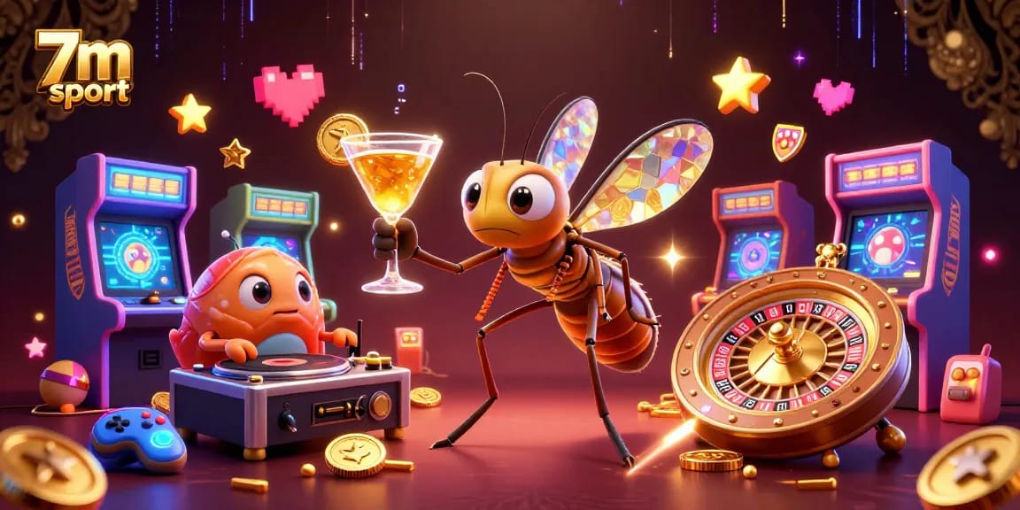 Engage with thrilling 7m sport action in this vibrant casino illustration, showcasing a frozen mosquito mascot.