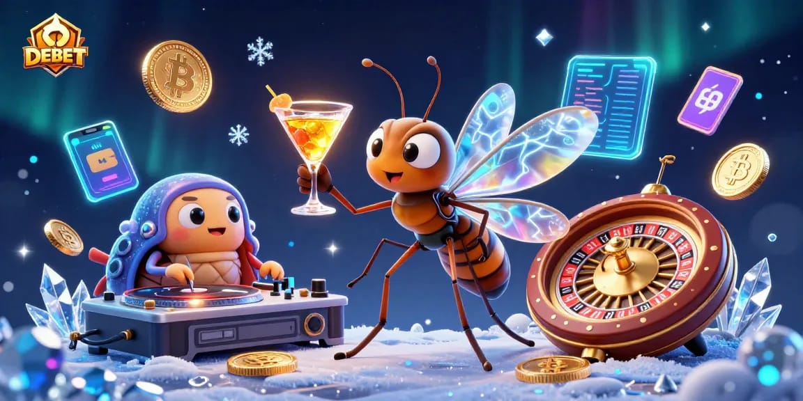 Engage with DEBET at a vibrant casino scene featuring a frozen mosquito mascot and a trilobite DJ.