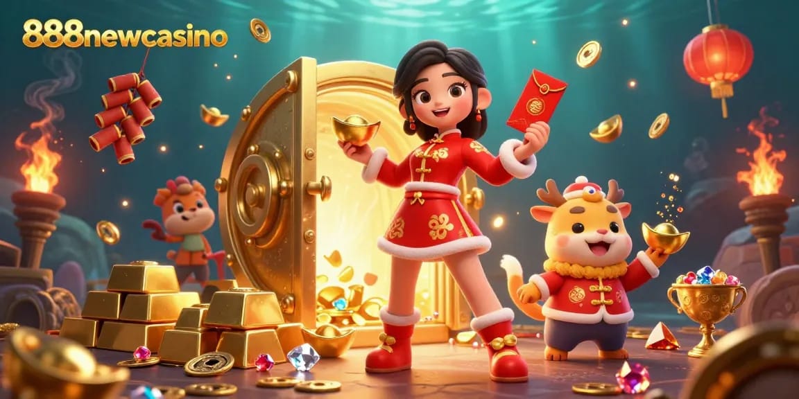 Join the excitement at 888newcasino with vibrant Lunar New Year scenes filled with fortune and gaming treasures.