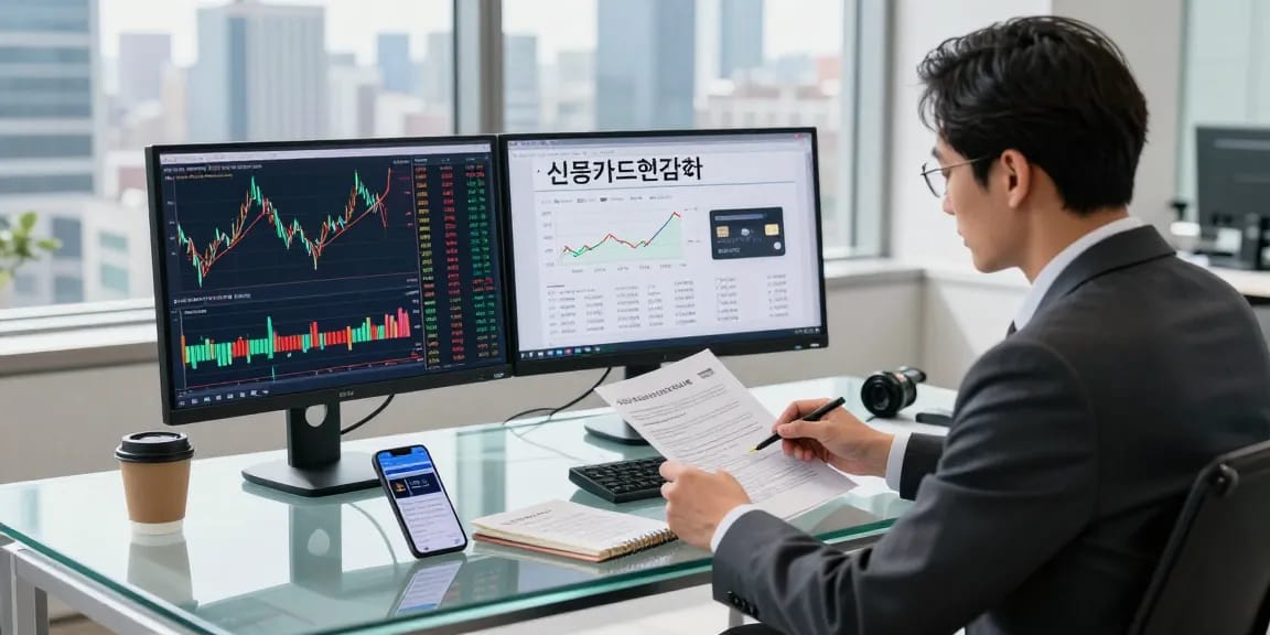 Finance advisor reviewing strategies for 신용카드현금화 in a modern urban office.